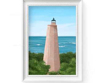 Old Baldy Lighthouse Art Print , North Carolina Lighthouse Art, Bald Head Island Lighthouse, Coastal Wall Art, 25 Sweetpeas Illustration