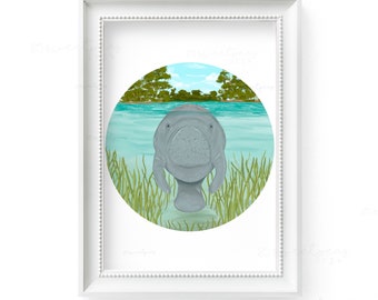 Manatee Painting Print, Illustrated Manatee in the Florida Springs, Coastal Decor Wall Art