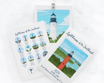 Lighthouses of the Southeast 2024 Calendar, Coastal Calendar, Illustrated Calendar,Lighthouse Calendar, Desk Calendar, Wall Calendar