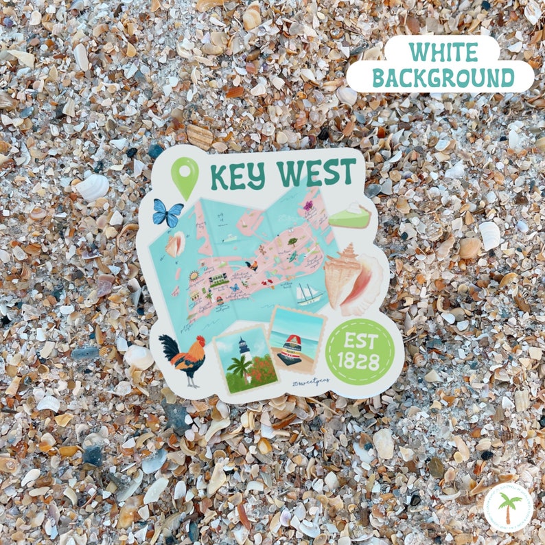 A Photo of a Key West Florida that includes an Illustration of a Key West Map; sea shells, lighthouse, Mile Marker 0, Key Lime Pie, The Southern Most Point and more!