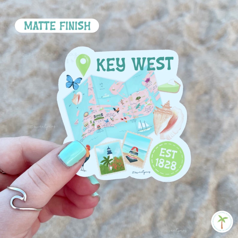 A Photo of a Key West Florida that includes an Illustration of a Key West Map; sea shells, lighthouse, Mile Marker 0, Key Lime Pie, The Southern Most Point and more!