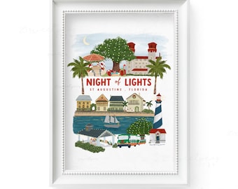 St Augustine Night of Lights Art Print, Illustrated St Augustine, Coastal Decor, Florida Wall Art, Christmas Decor