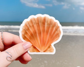 May include: A die-cut sticker featuring a realistic illustration of a fan-shaped scallop shell in shades of orange, peach, and tan with a white border. The shell has a textured, ribbed surface and a central hinge point at the bottom edge.