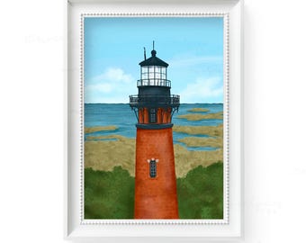 Currituck Beach Lighthouse Art Print: Coastal North Carolina Illustration