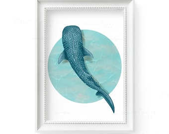 Whale Shark Art Print, Gouache Painted Shark Art, Coastal Decor Wall Art