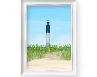May include: A framed print of a lighthouse on a sandy path, with green grass and a blue sky. The lighthouse is tall, with a black and white striped design. The artwork is in a white frame.