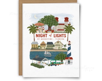 St Augustine Night of Lights Christmas Card, Illustrated St Augustine Florida , Night of Lights Holiday Card