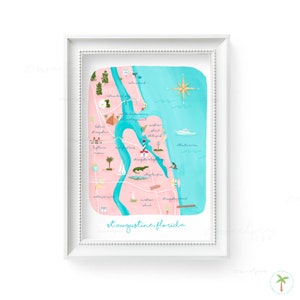 St Augustine Florida Map Painting Print, Illustrated Florida Map, Coastal Decor, Florida Wall Art