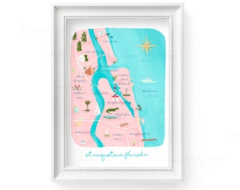 St Augustine Florida Map Painting Print, Illustrated Florida Map, Coastal Decor, Florida Wall Art