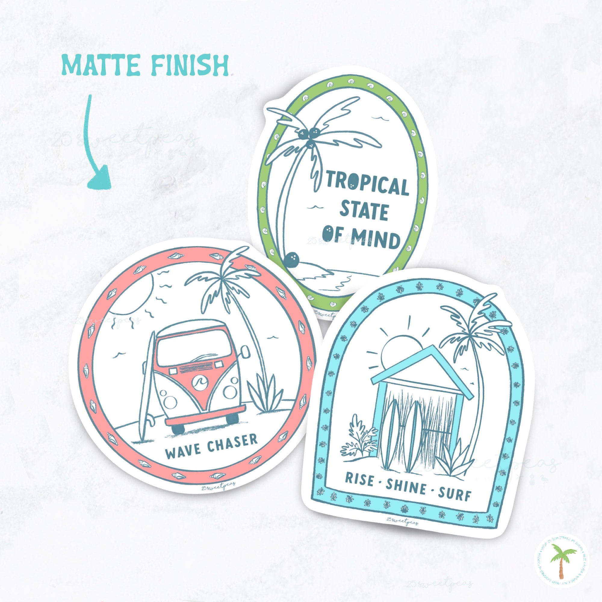 Surf Inspired Sticker Pack, Tropical Waterproof Stickers, Coastal ...