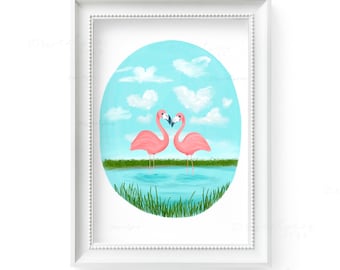 Flamingo Art Print, Flamingos and Hearts Wall Art, Gouache Painted Flamingos, Coastal Art