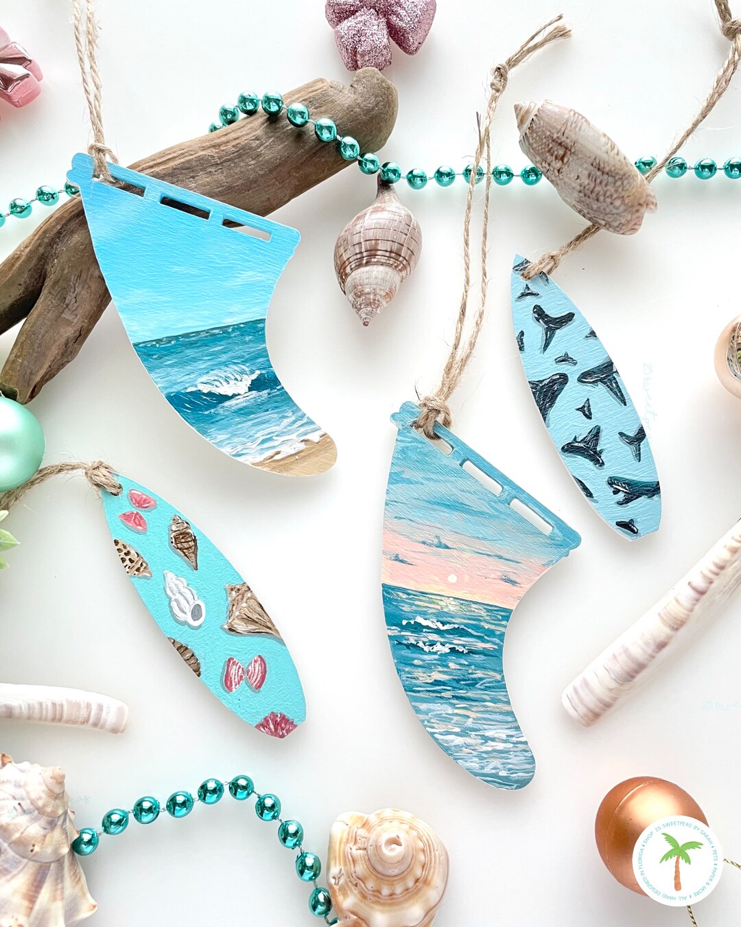 Hand Painted Original Beach Christmas Ornaments, Surfboard Ornament