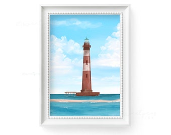 Morris Island Lighthouse, South Carolina Art,  Beach Painting, Coastal Wall Art, 25 Sweetpeas Illustration