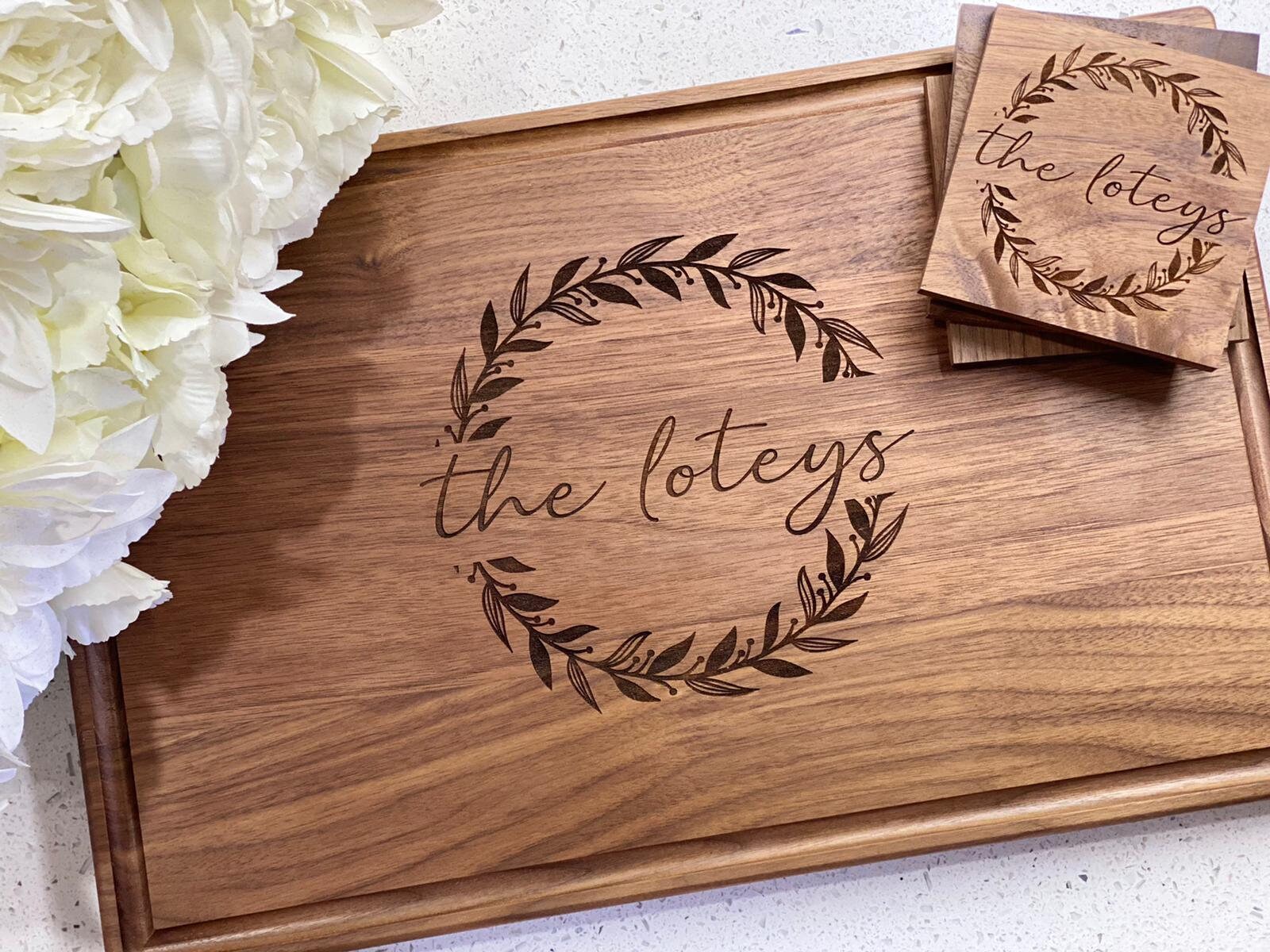 Custom Engraved Cutting Board & Coaster Set Engraved Wood Etsy