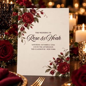 May include: A rectangular wedding invitation card featuring dark red rose illustrations in the top-left and bottom-right corners. The text reads: THE WEDDING OF Rose & Noah, SATURDAY, OCTOBER 17, 2026, 4:00 IN THE AFTERNOON, THE GLASSHOUSE · NEW YORK.