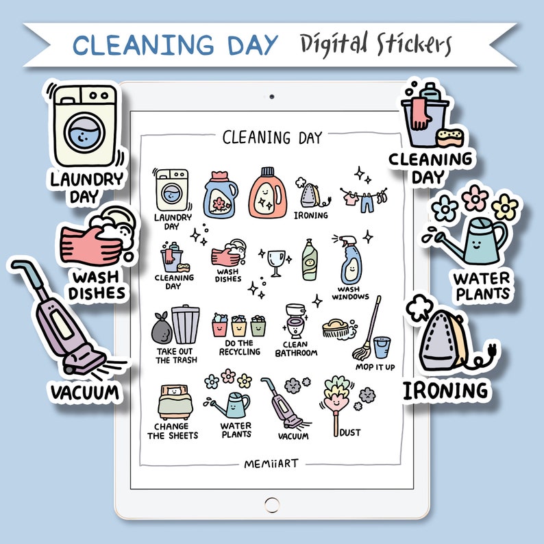 Cleaning Digital Stickers, GoodNotes Stickers, Pre-cropped Digital Planner Stickers, Chores and Cleaning Digital Planner Stickers 