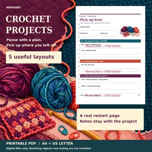 Puede incluir: Una página de planificador de proyectos de ganchillo en PDF imprimible con secciones para el nombre del proyecto, tamaño del ganchillo y seguimiento. El documento incluye encabezados como Pick up here, 5 useful layouts y A real restart page.