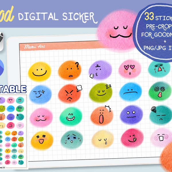Stimmung digitale Aufkleber | Emoticon Aufkleber | Sticker | Beschnitten für Goodnotes | individuelle PNG | Journal-Aufkleber | Druckbare | Emoji