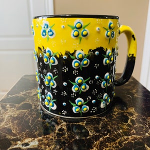 Hand Painted Ceramic Coffee Mug Pottery Unique Gift 100% Yellow and Black