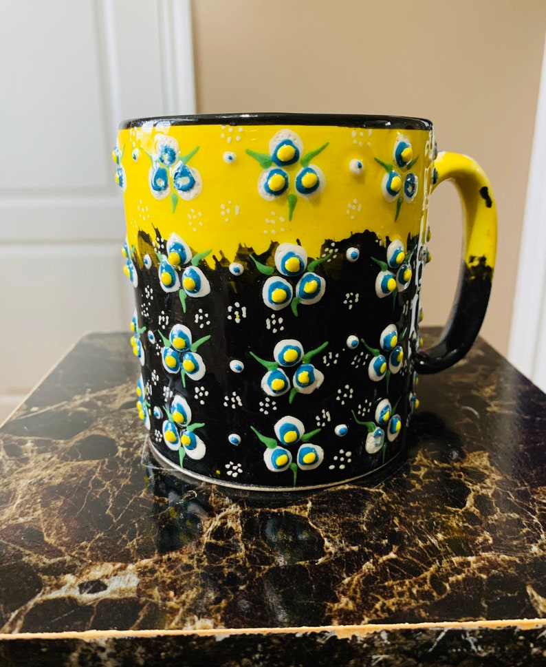 Hand Painted Ceramic Coffee Mug Pottery Unique Gift 100% Yellow and Black