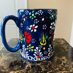 Hand Painted Ceramic Coffee Mug Pottery Unique Gift 100% Dark Blue