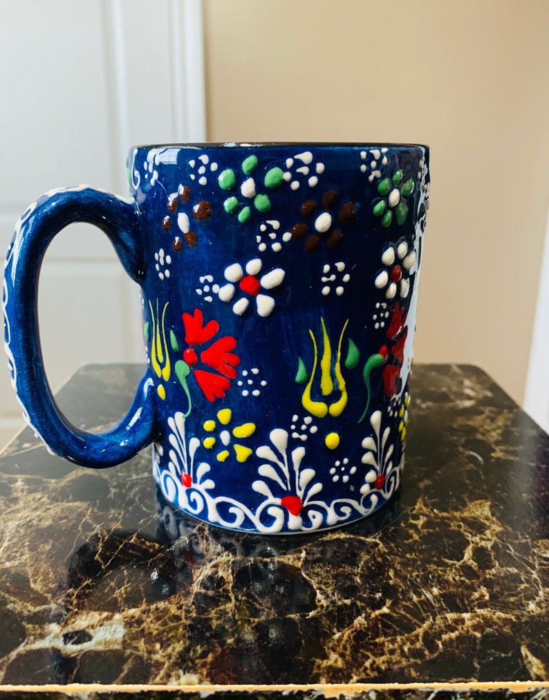 Hand Painted Ceramic Coffee Mug Pottery Unique Gift 100% Dark Blue