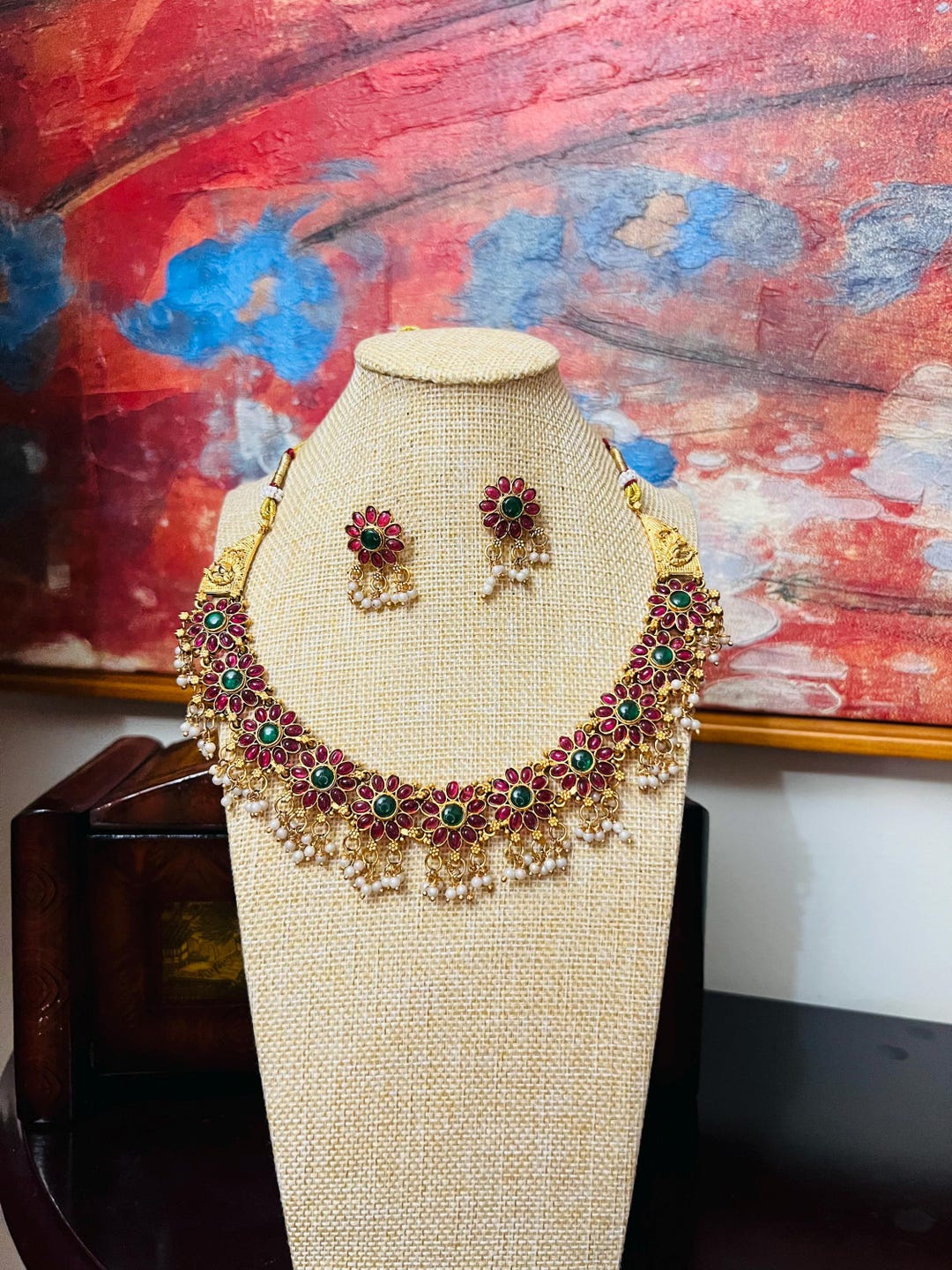 Ruby Greenstone Indian Ruby & Green Stone Necklace Set: Party Jewelry - Etsy