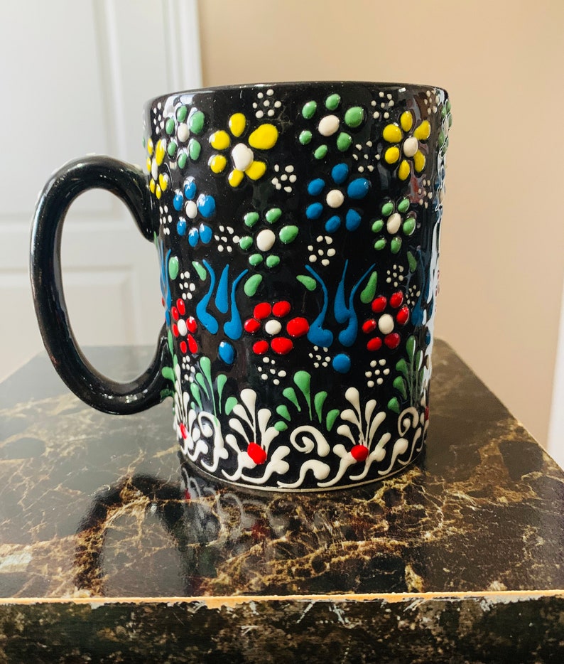 Hand Painted Ceramic Coffee Mug Pottery Unique Gift 100% Black