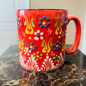 Hand Painted Ceramic Coffee Mug Pottery Unique Gift 100% Red