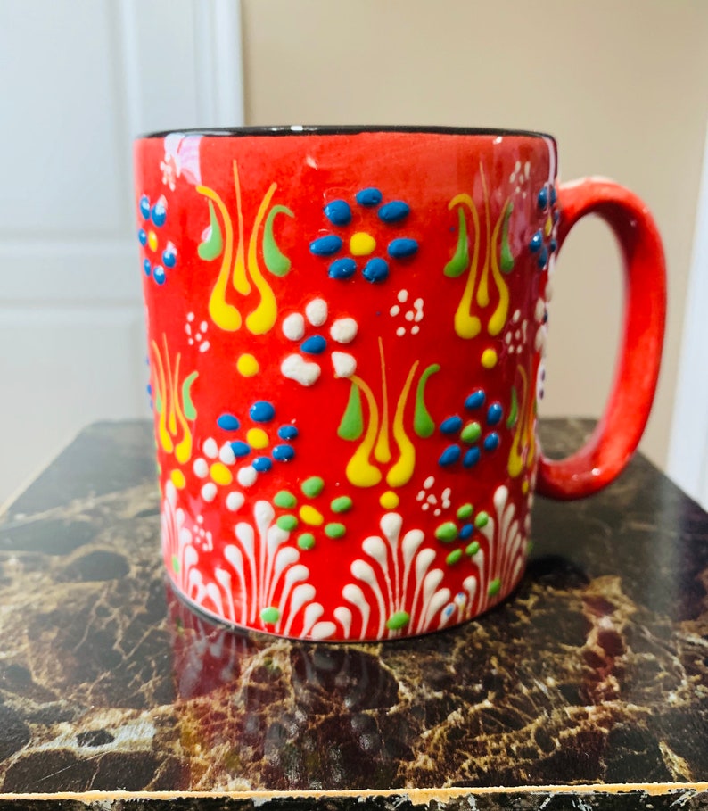 Hand Painted Ceramic Coffee Mug Pottery Unique Gift 100% Red