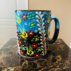 Hand Painted Ceramic Coffee Mug Pottery Unique Gift 100% Light Blue and Black