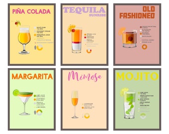 Puede incluir: Una infografía colorida con ilustraciones de 6 cócteles populares: Piña Colada, Tequila Sunrise, Old Fashioned, Margarita, Mimosa y Mojito. Cada cóctel se muestra con sus ingredientes y medidas.