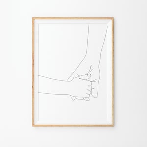 手をつなぐ母と子のプリント、線画プリント、印刷可能な線画、手をつないだミニマルなポスター、白黒アート、手描き