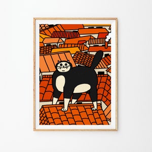 Fernando Botero Painting Printable Art, Printable Interior Poster, Wall art, Hand Drawing, Digital Art Painting, Cat on a Roof, Wall Decor