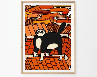 Fernando Botero Painting Printable Art, Printable Interior Poster, Wall art, Hand Drawing, Digital Art Painting, Cat on a Roof, Wall Decor