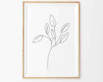 Plant Line Art Print, Printable Tropical Plant Drawing, Simple Botanical Leaf Line Art, Black & White Art, Line Art Print, Leaf Line Drawing