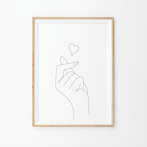 Korean Finger Heart Art Print, Line Art Poster, Printable Line Art, Minimal Finger Heart Art Poster, Black & White Art, Line Art Prints
