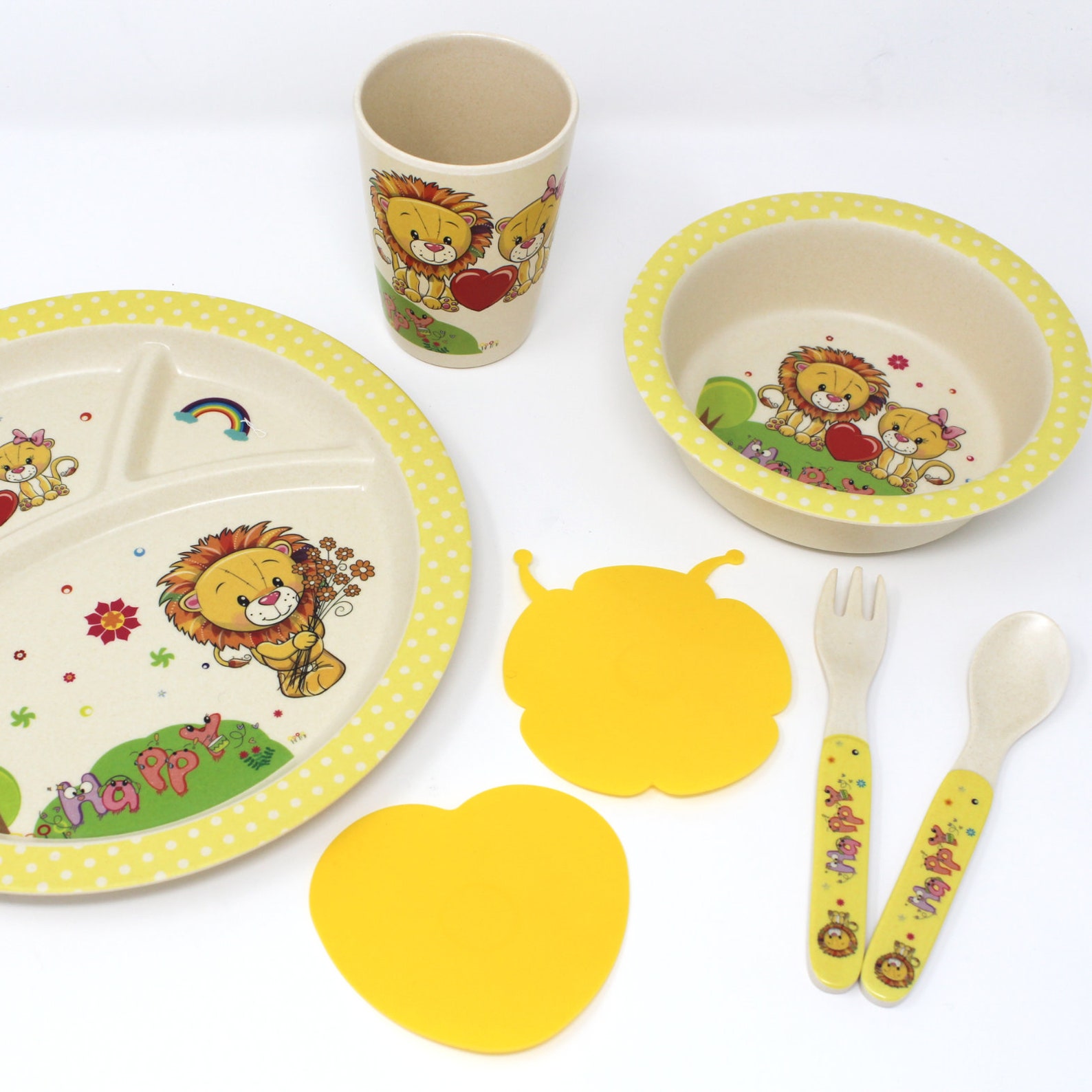 Bamboo Dinner Set for Kids, 6pcs Bowl, Plate, Cup, Spoon & Fork, BPA