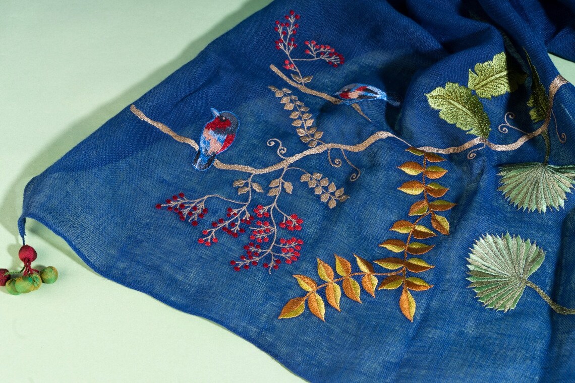 Embroidered Linen Scarf Floral Embroidery Cotton Scarf Etsy