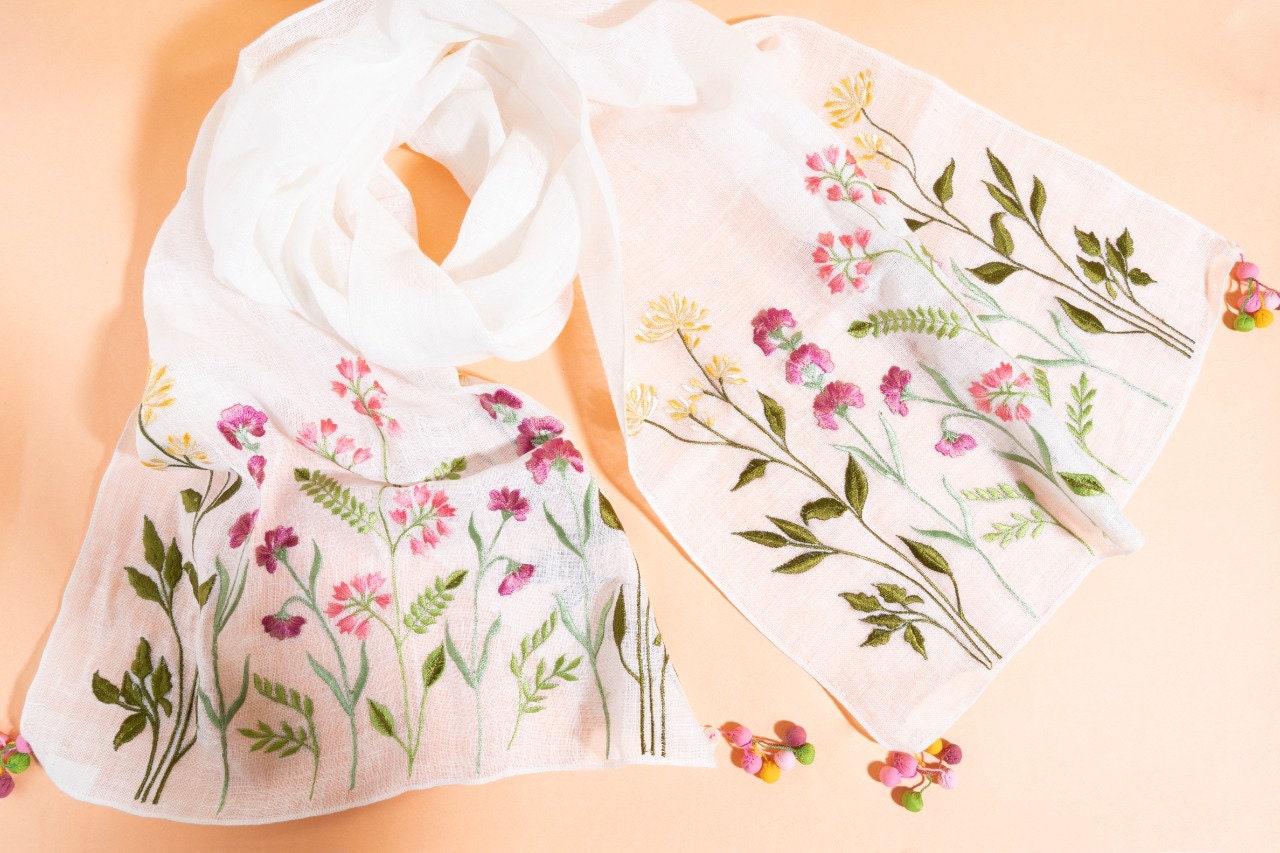 Embroidered Linen Scarf Floral Embroidery Cotton Scarf Etsy