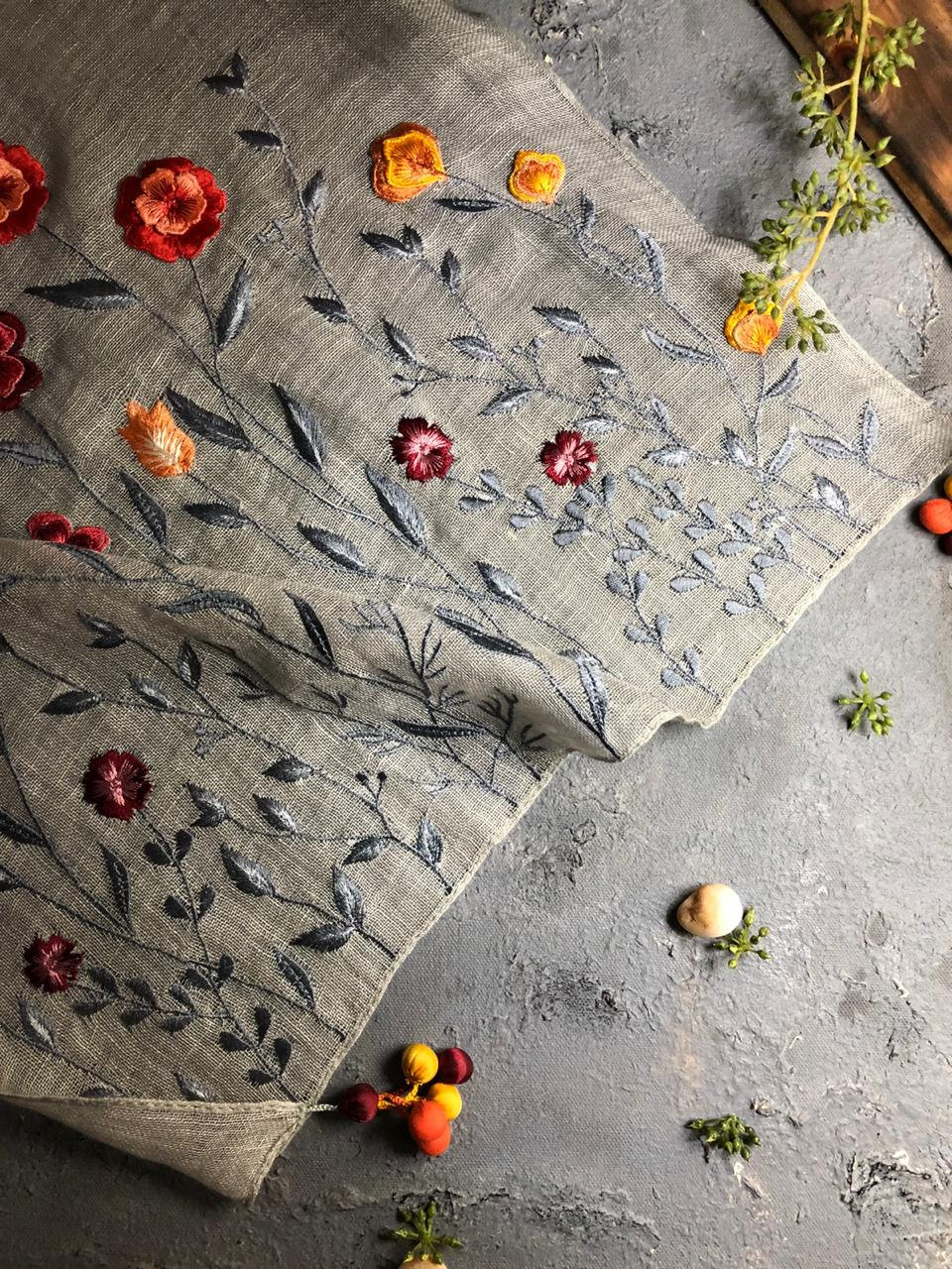 Embroidered Linen Scarf Floral Embroidery Cotton Scarf Etsy