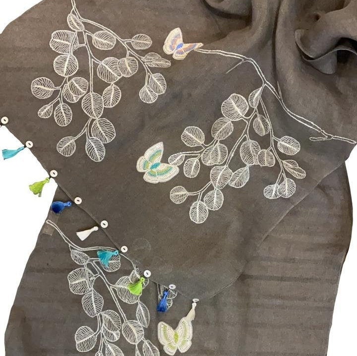 Embroidered Linen Scarf Floral Embroidery Cotton Scarf Etsy