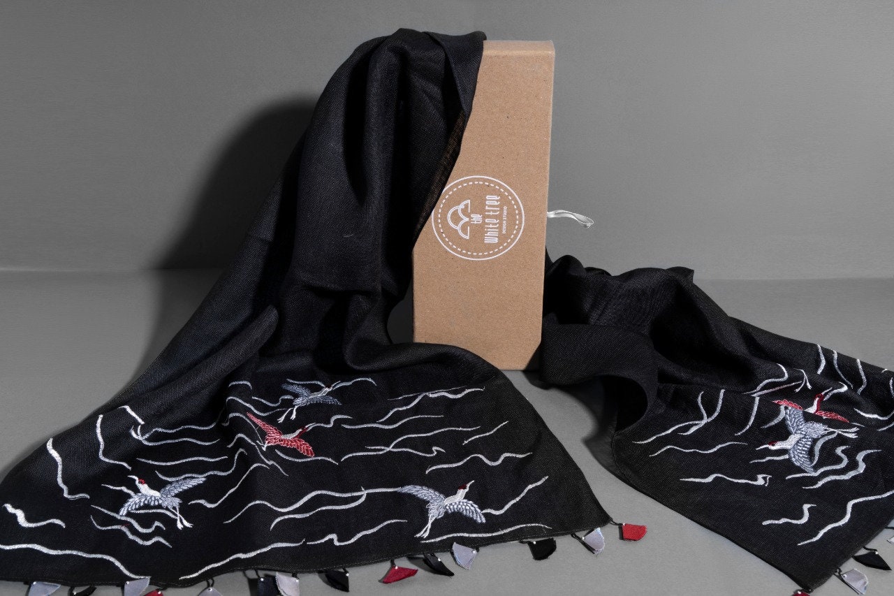 Embroidered Linen Scarf Floral Embroidery Cotton Scarf Etsy