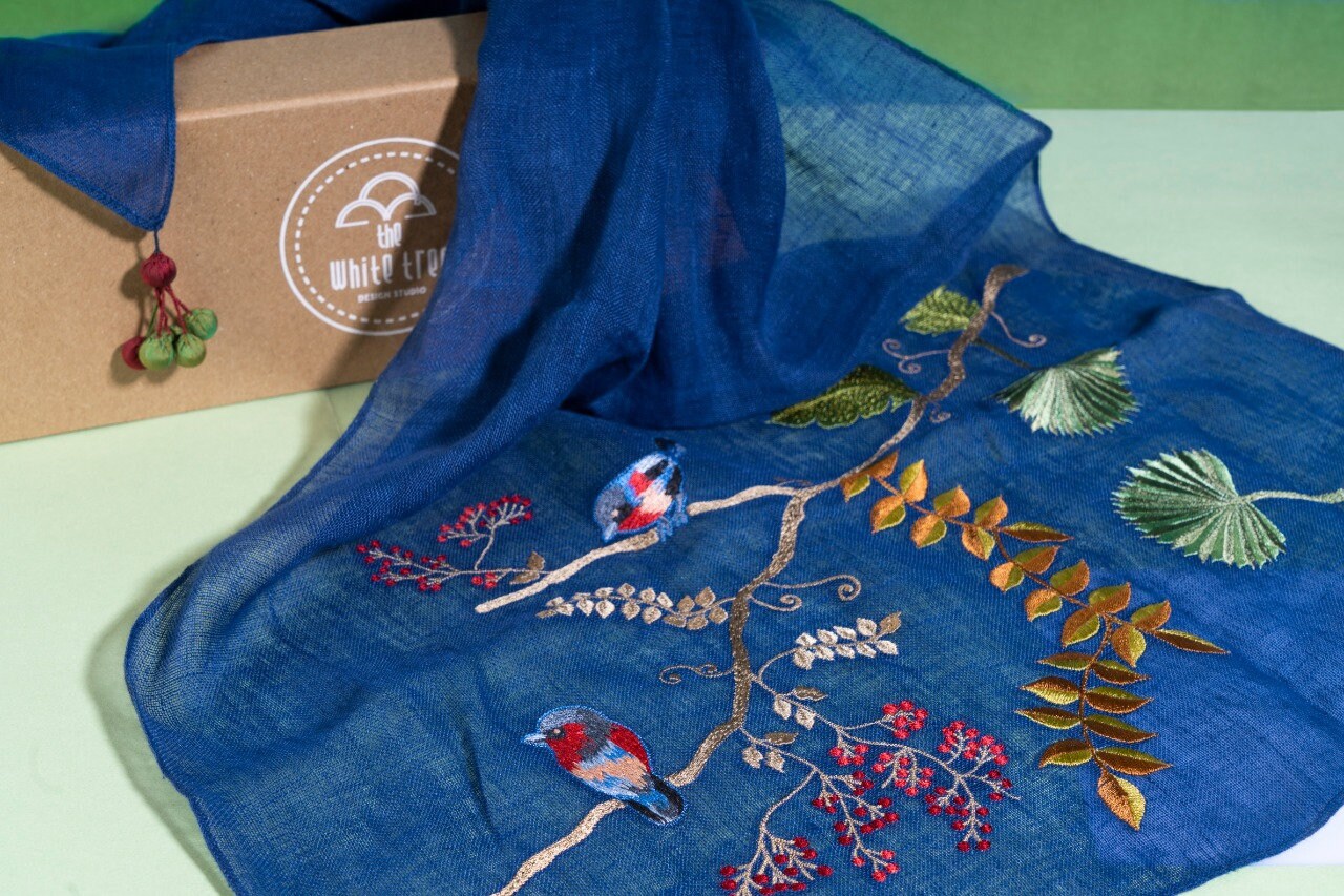 Embroidered Linen Scarf Floral Embroidery Cotton Scarf Etsy