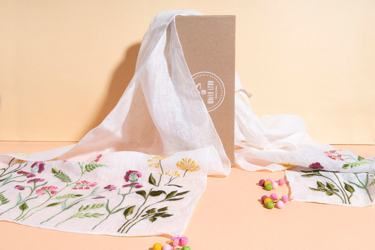 Embroidered Linen Scarf Floral Embroidery Cotton Scarf Etsy