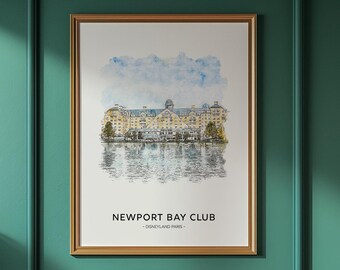 May include: An orange armchair with a decorative pillow sits on a patterned rug. A framed print of the Newport Bay Club hangs on a teal wall. A potted palm and side table complete the interior design.