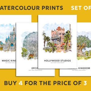 Walt Disney World Four Park Icons Print Bundle | Magic Kingdom, Epcot, Animal Kingdom, Hollywood Studios