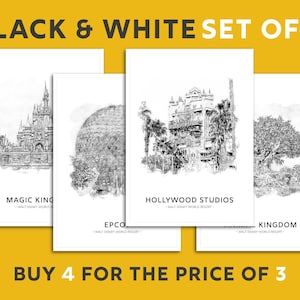 Paquete de impresión en blanco y negro de los cuatro iconos de los parques de Walt Disney World: Magic Kingdom, Epcot, Animal Kingdom y Hollywood Studios