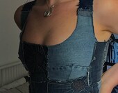 Handmade one of a kind patchwork denim crop top with corset lace up back