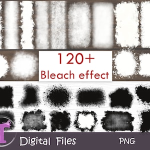 May include: A collection of 120+ digital bleach effect graphics in PNG format, featuring various white and black distressed, splattered, and textured shapes on a wooden background, with the text 120+ Bleach effect and Digital Files.